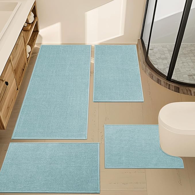 YIHOUSE Blue Bathroom Rug Sets 4 Piece, Bathroom Mat Quick Dry, Thin Bath Rug Set,Absorbent Bath Mat for Bathroom Non Slip Washable for Toilet and Floor