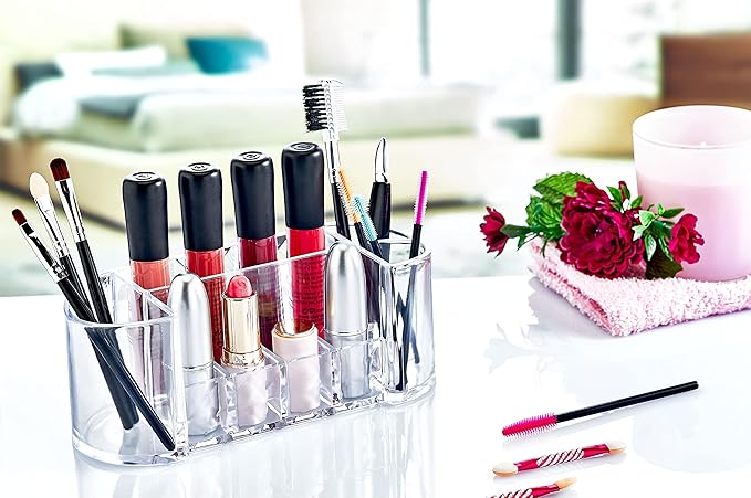 box up Makeup Organizer - 8 Compartments Lipstick Holder And Skin Care Desk Accessories, Cute Small Beauty Cosmetics Table Organizers For Women & Teen Girls, Pretty Lip Stick Gloss Storage Stand