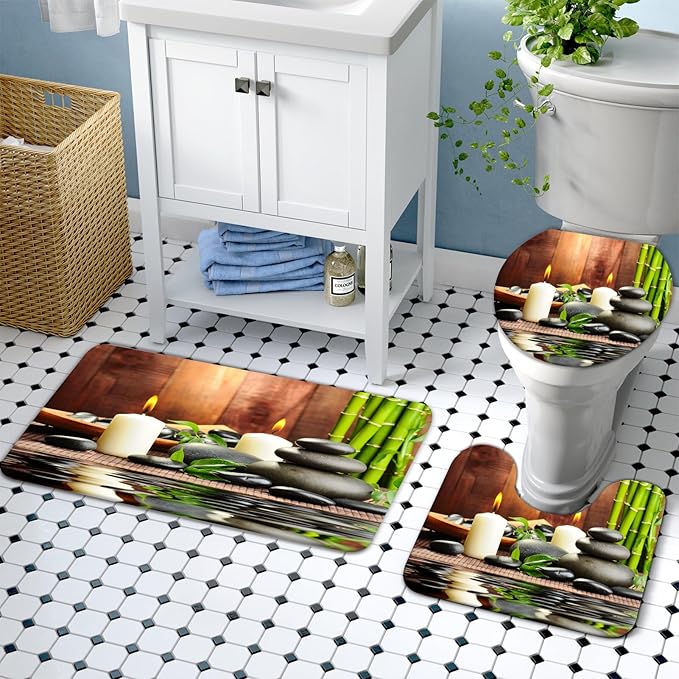 Lnond 4Pcs Spa Bathroom Shower Curtain Sets with Rugs, Stone Bamboo Bathroom Sets with Shower Curtain and Rugs and Accessories