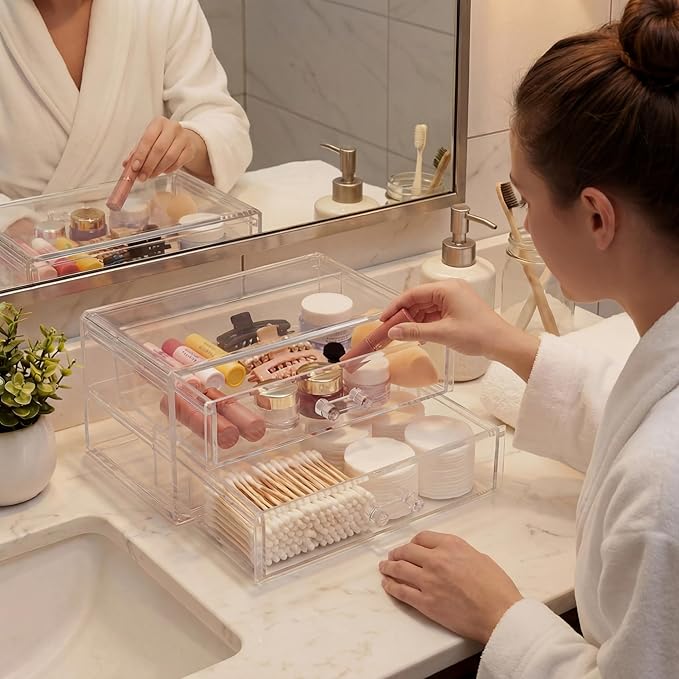 Acrylic Makeup Organizer 2 Drawer Transparent Makeup Storage Box with DIY Flower Nails Tips Jewelry Cosmetic Organizer Dustproof Drawer for Bedroom, Bathroom, Countertop Dresser 7.5 x 4.72 x 3.9 Inch