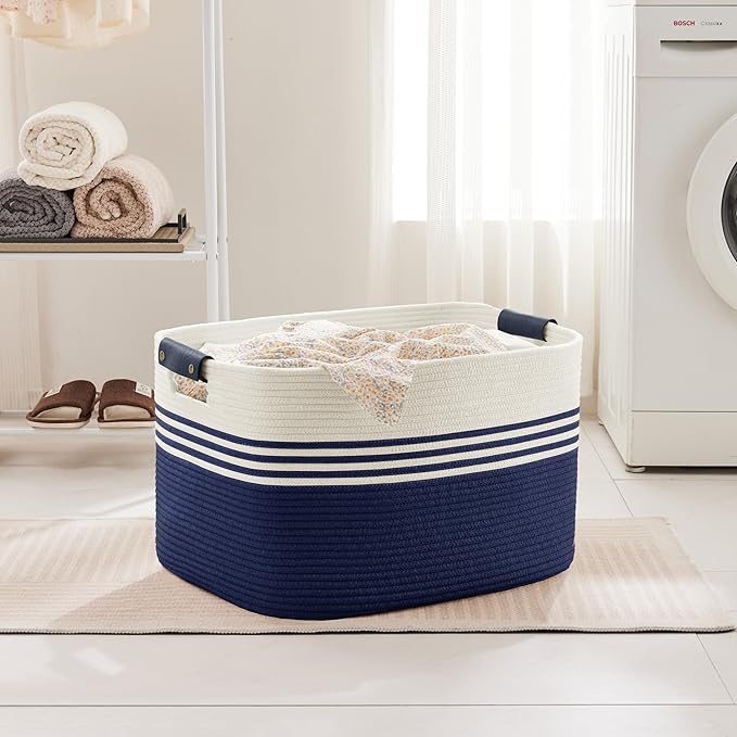 100L Extra Large Laundry Basket with Leather Handles for Living Room Storage, Woven Rope Baskets for Blanket, Kids Toy, Gifts, Wicker Hamper for Bedroom Dirty Clothes, 24"x16"x16" White Navy