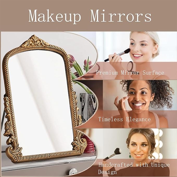 2026 Spring Women's Gifts Small Vintage Vanity Makeup Desk Mirror Antique Traditional Chic Arch Table Mirror Gold，Decor Wood Carved Mirror for Living Room,Bedroom,Tabletop 11.8" x 9.6"