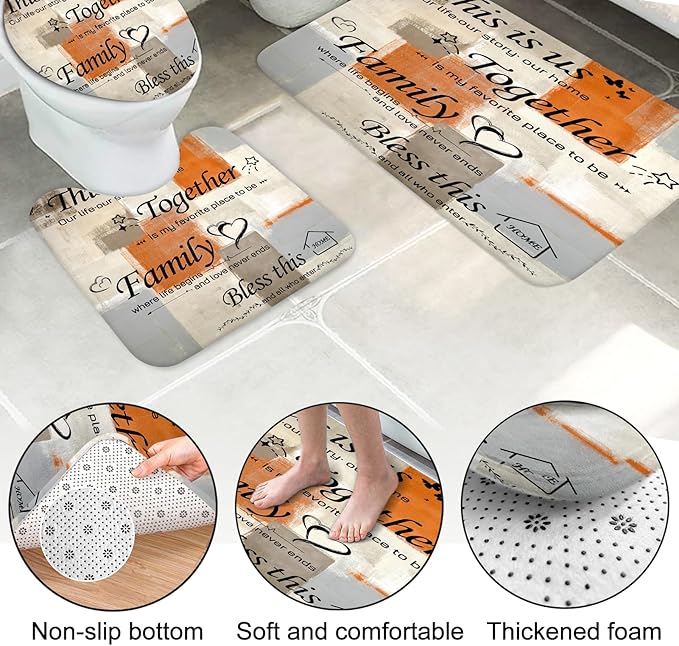 Lnond 4Pcs Bathroom Shower Curtain Sets with Rugs, Orange Brown Motivational Home Family Bathroom Sets with Shower Curtain and Rugs and Accessories