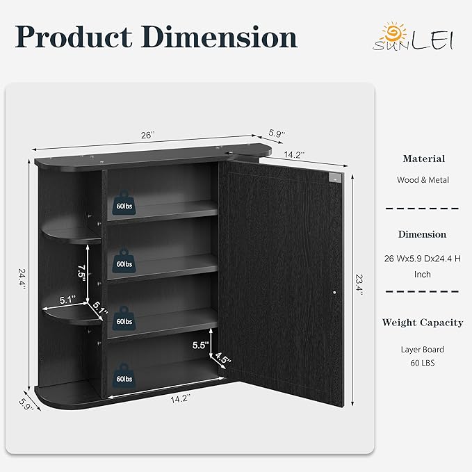 SUNLEI Bathroom Medicine Cabinet with Mirror, Wood Medicine Cabinet with Adjustable Shelf, Mirrored Door Over The Toilet Storage, Bathroom Wall Mirror Cabinet, Black