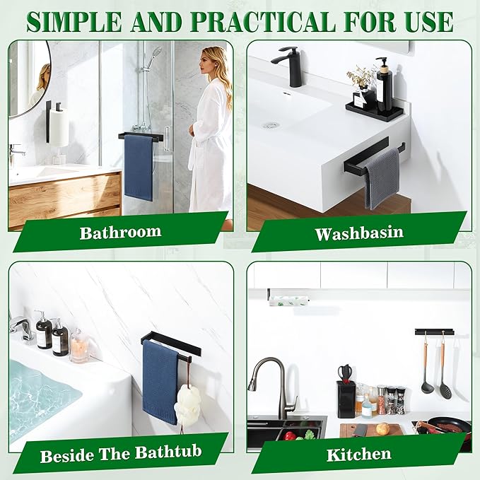 Alise Hand Towel Holder Self Adhesive Towel Bar for Bathroom Wall Mounted,Bathroom Towel Rack Without Screws SUS304 Stainless Steel Hand Towel Hanger for Bathroom,Kitchen,Cabinet,Matte Black