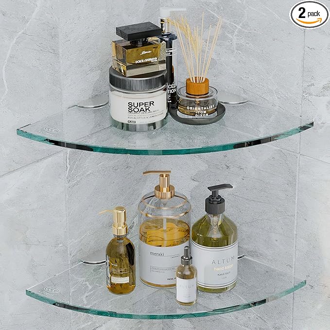 2 Sets Glass Shower Shelves - Corner Shower Shelf Organizer for Soap & Shampoo, Adhesive Bathroom Shelf, No Drilling