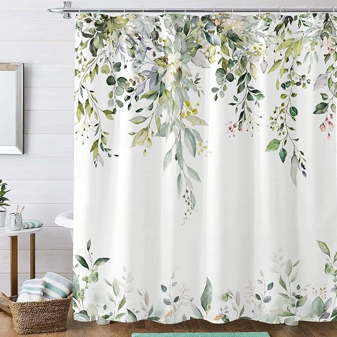 kampdream Eucalyptus Plant Rustic Shower Curtain, Watercolor Leaves On The Top Country Farm House Shower Curtain, Spring Botanical Bathroom Curtain 72 ×84 Inch