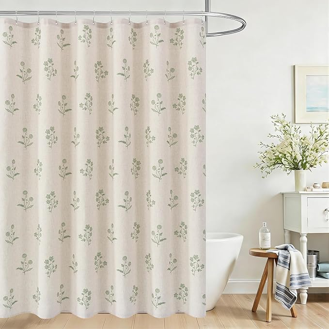 ORTIGIA Linen Shower Curtain 72 W x 84 L Farmhouse Vintage Sage Green Floral Long Shower Curtains Modern Boho Rustic Block Print Cottagecore Decor for Bathroom