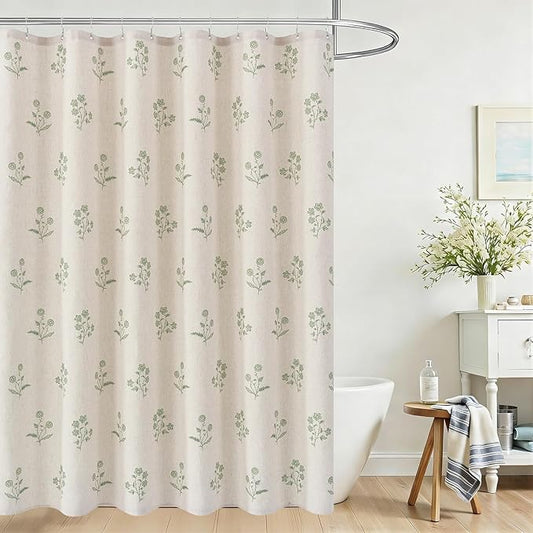 ORTIGIA Linen Shower Curtain 72 W x 84 L Farmhouse Vintage Sage Green Floral Long Shower Curtains Modern Boho Rustic Block Print Cottagecore Decor for Bathroom