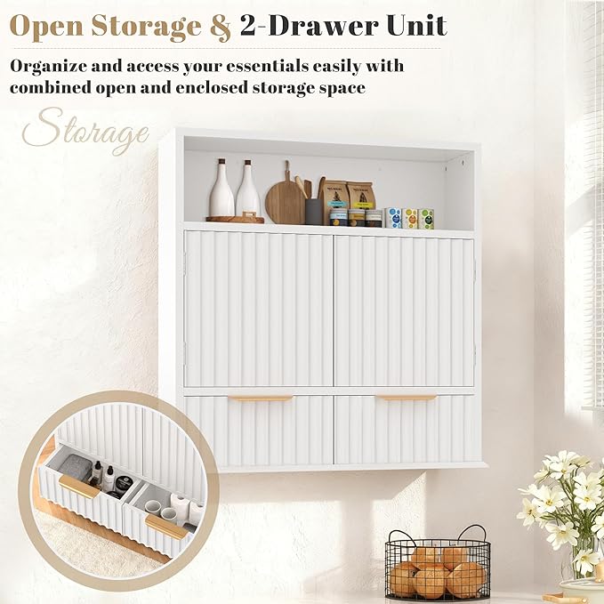 Fluted Bathroom Wall Cabinet with Drawers, Wooden Medicine Cabinet Organizer Over The Toilet, Wall Mounted Storage Cabinet with Open Shelf for Bathroom, Kitchen, and Laundry Room (White)