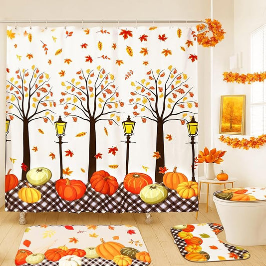 4 Pcs Thanksgiving Shower Curtain Set with Rugs, Leaves Fall Pumpkin Shower Curtains for Bathroom with Non-Slip Rug Toilet Lid Cover Bath Mat and 12 Hooks for Thanksgiving Shower-Room Home Decor