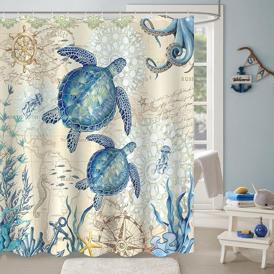 Aipon Nautical Sea Turtle Shower Curtain Ocean Octopus Beach Coastal Blue Seashell Jellyfish Theme Extra Long Waterproof Fabric Shower Curtains for Bathroom Bath Curtain Decor (Green6, 72'' × 78'')