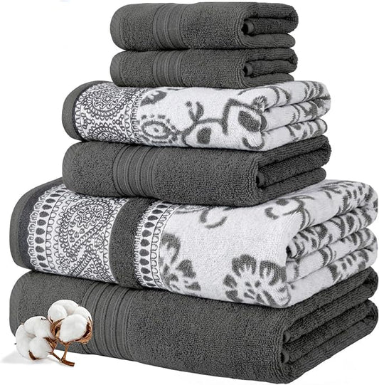 Modern Threads Floral Trail 6-Piece 100% Cotton Towel Set – Reversible Yarn Dyed Jacquard – Includes 2 Bath Towels, 2 Hand Towels, 2 Washcloths – Absorbent, Quick Dry, Soft & Durable – Gray
