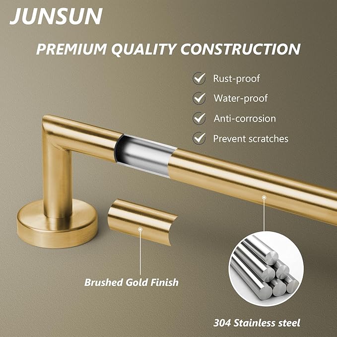 JunSun Bathroom Towel Bar 9 Inch Brushed Gold Towel Racks Wall Mount Bath Hand Towel Holder Modern Home Decor Towel Rod Bathroom Hardware Stainless Steel Towel Hanger Gold Towel Rail Single Towel Bars