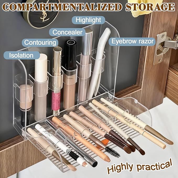 Wall-Mounted Makeup Organizers, 16-Slot Eyeliner Lip Liner Organizer Holder, Open Easy-Access Design, Space-Saving Bathroom Makeup Brush Storage Rack, Transparent Brown