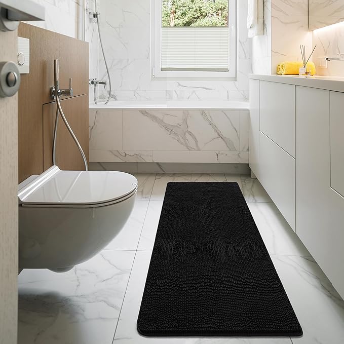 LOCHAS Luxury Bathroom Rug Shaggy Bath Mat 24 x 54 Inch, Washable Non Slip Bath Rugs for Bathroom Shower, Soft Plush Chenille Absorbent Carpets Mats, Black