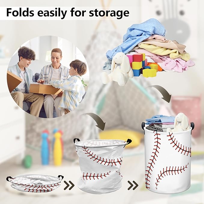 Baseball Laundry Basket, Collapsible Waterproof Oxford Cloth Laundry Hamper, Funny Round Kids Toys Storage Basket as Room Decor, Dirty Clothes Hamper for Bedroom Bathroom Dorm