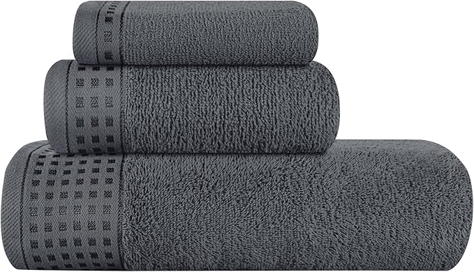GLAMBURG Ultra Soft 3 Pack Cotton Towel Set, Contains a Bath Towel 28x55 inch, a Hand Towel 16x24 inch & a Wash Coth 12x12 inch, Ideal Everyday use, Compact & Lightweight - Charcoal Grey