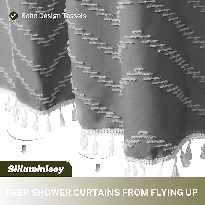 Boho Shower Curtain with Tassel Woven Fabric Grey Shower Curtain 72 x 72 Modern Farmhouse Textured Tufted Chevron Striped Minimalist Bathroom Shower Curtain Set with Hooks