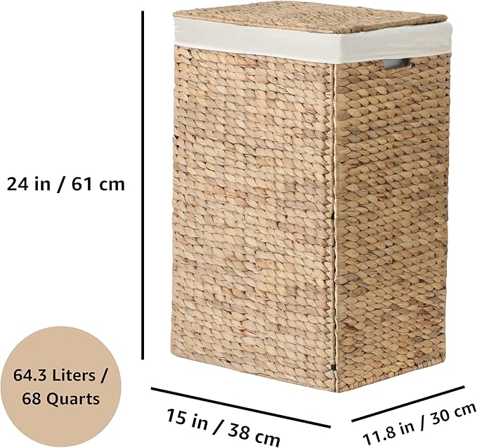 Nivora Water Hyacinth Laundry Hamper Brown 15 x 11.8 x 24 Inches - 64 Liters/18 Gallons with Removable Liner - Woven Organizer for Dirty Clothes, Bedroom Laundry, or Bathroom Towel Storage