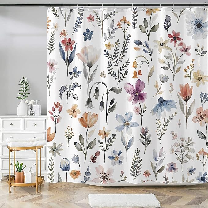 Aipon Watercolor Floral Shower Curtain Colorful Spring Flower Shower Curtains for Bathroom Boho Grey Pink Wildflower Botanical Leaf Waterproof Fabric Bath Curtain Decor 72 X 72 Inches