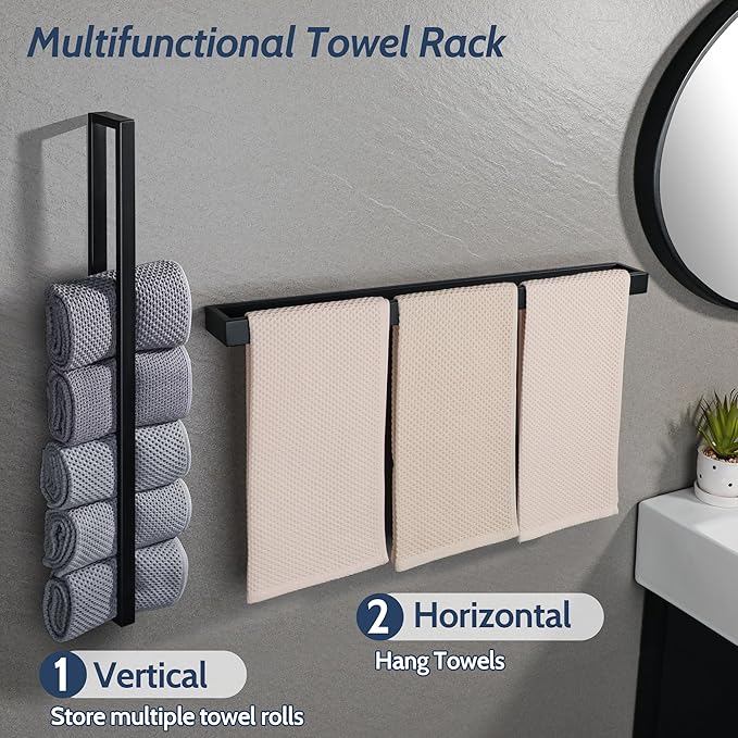 Sayayo Matte Black Towel Bar for Bathroom, 24 Inch Hand Towel Holder Wall Mount Square Towel Ring SUS304 Stainless Steel Towel Rack