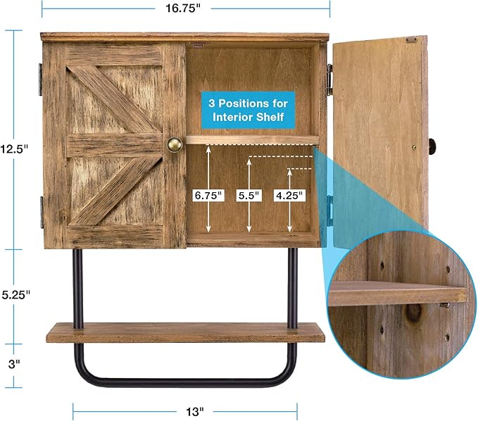 EXCELLO GLOBAL PRODUCTS 17x21'' Barndoor Bathroom Wall Cabinet, Space Saver Storage Cabinet Kitchen Medicine Cabinet with Adjustable Shelf and Towel Bar, Brown