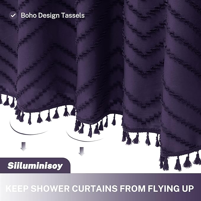 Boho Dark Purple Shower Curtain, 72 x 72 Woven Fabric Tufted Chevron Textured Striped Modern Farmhouse Minimalist for Bathroom