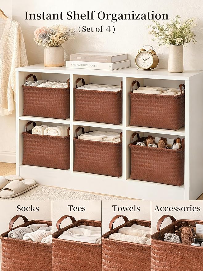 Hand Woven Baskets for Storage, 4Pcs Water-Resistant Wicker Baskets, Brown Wicker Storage Baskets for Shelves, Large Basket with Handle for Organizing, Clothes, Laundry, Blanket - Rectangular