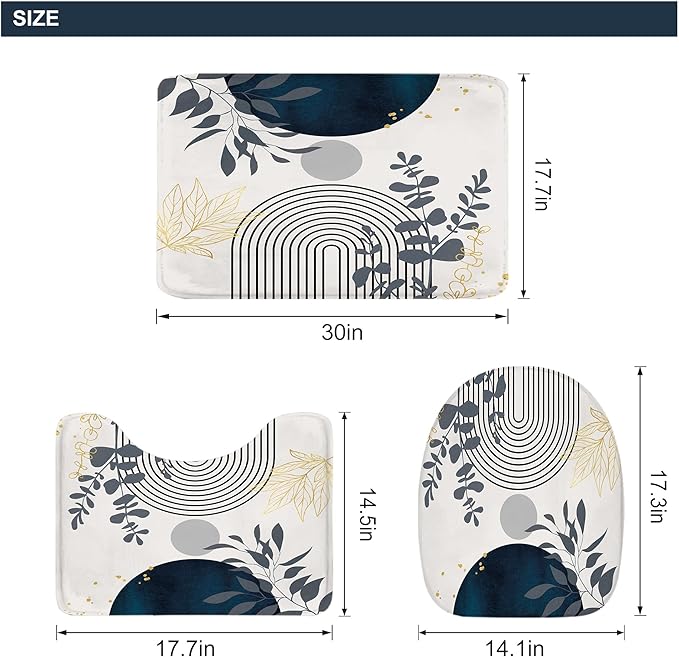 Riyidecor Mid Century Boho 4Pcs Shower Curtain Set with Toilet Lid Cover and Non-Slip Rugs,Modern Minimalist Navy Blue Bathroom Decor Set，Abstract Contour and Bath Mat with 12 Hooks