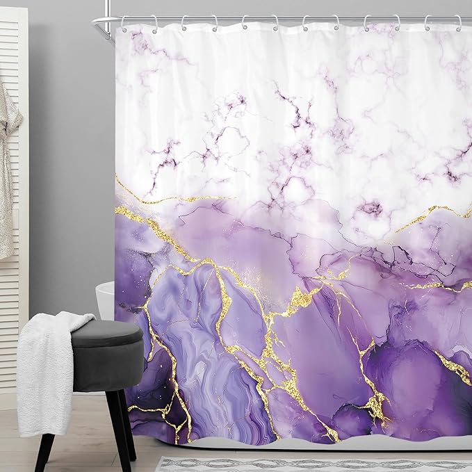 Cinbloo Purple Marble 60Wx72H Shower Curtain Abstract Lilac Gold Cracked Lines Modern Ombre Minimalist Simple Contemporary Luxury Bathroom Curtain Set Aesthetic Bath Bathroom Accessories Decor