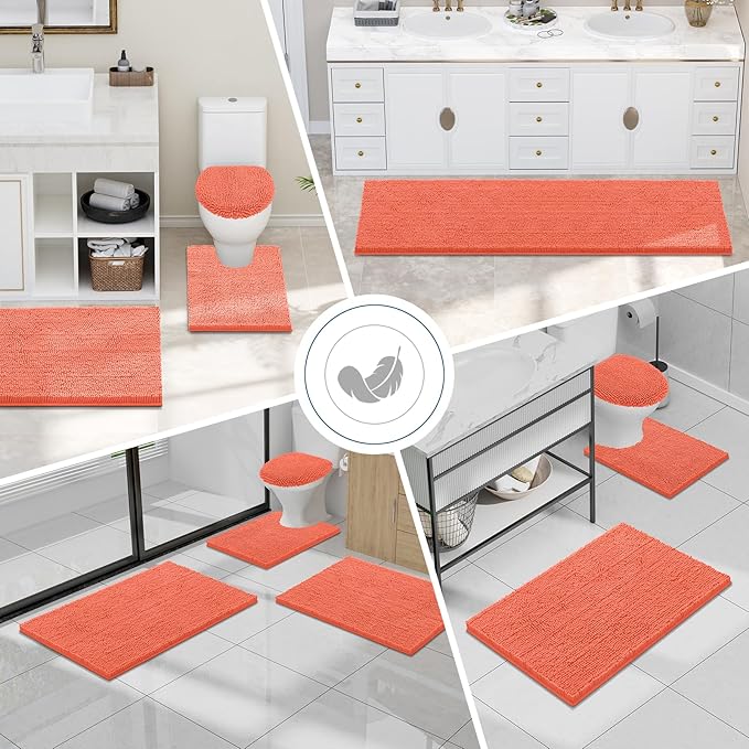 Smiry Luxury Chenille Bathroom Rugs 24x16, Extra Soft and Absorbent Shaggy Bath Mat, Machine Washable, Non-Slip Plush Carpet Runner for Tub, Shower, and Floor, Home Decor Accessories, Coral