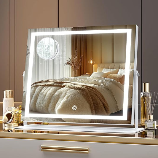 Hasipu Vanity Mirror with Lights, 13.8" x 11.4" LED Makeup Mirror, 3 Color Modes Touch Control and Brightness Adjustment Lighting Mirror, 10X Magnifying Glass, 360° Rotation