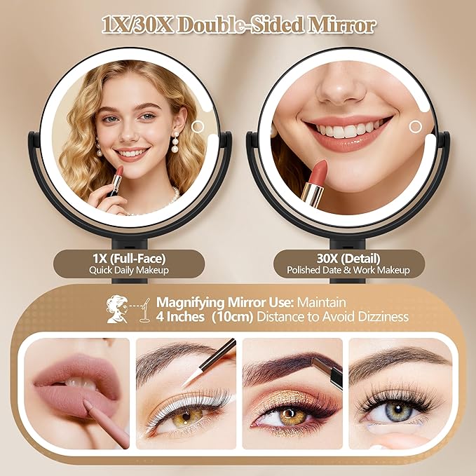 MOMOKUBA Makeup Mirror with Lights, Double Sided 1x/30x Magnifying Mirror with Light, Rechargeable 3 Color Lights and Adjustable Brightness, 360° Rotation Detachable Comes with Tweezer(Dark-30X)