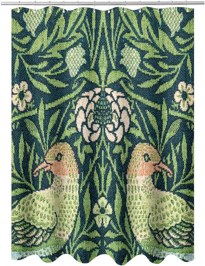 Boho Bird Shower Curtain William Morris Art Print Retro Bird Plant Natural Flower Pattern Print Shower Curtains 66""×72"" Inch, Style-6