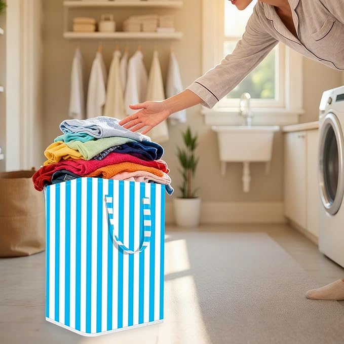 Large Laundry Basket ，75L Waterproof,Collapsible Laundry Hamper with Extended Handles for Clothes in the Family Dorm (Vertical Stripe Black，Blue，Grey，)