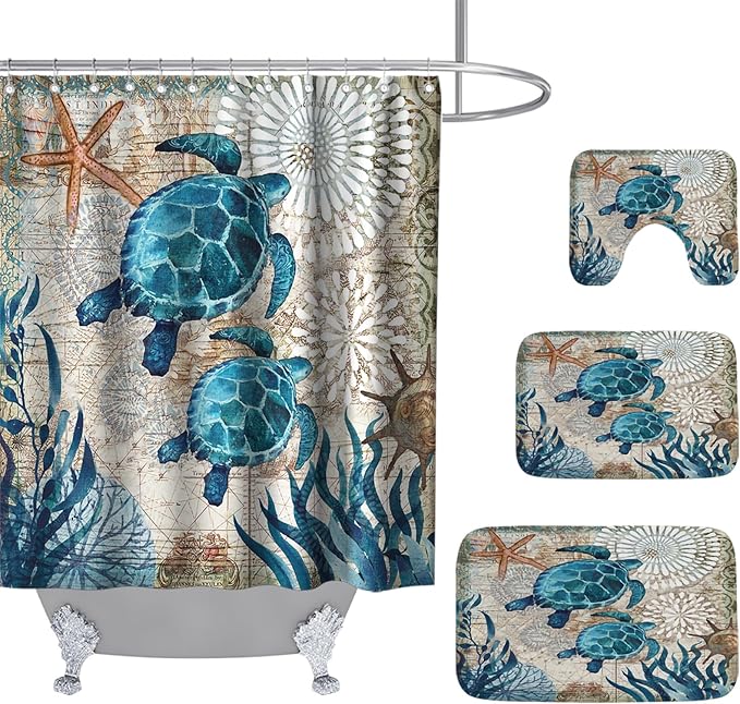 Sea Turtles Nautical Ocean Beach Bathroom Sets with Starfish Coral Shower Curtain and 20 x 31 Rugs Bathroom Accessories Sets Decor with Bath Rug, Bath Mat, U-Shaped Contour and Hooks 72 x 72 Inch