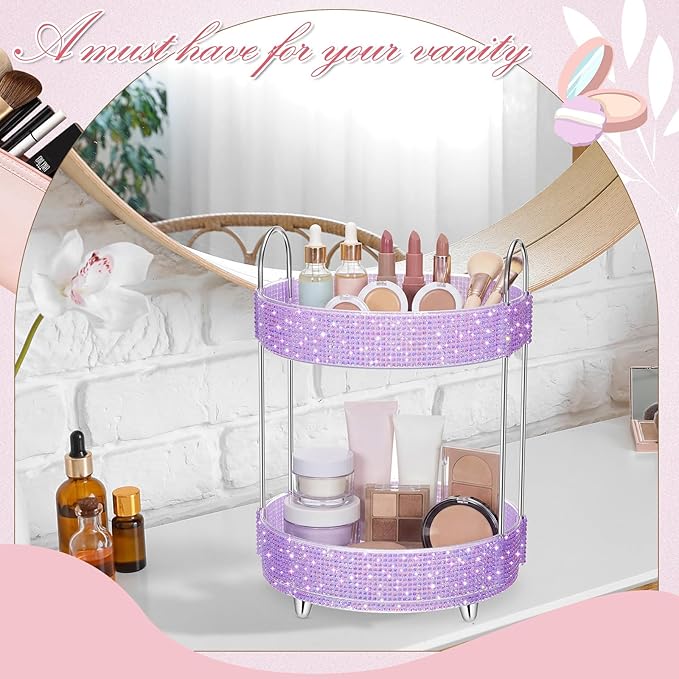 Honeydak 360 Rotating Perfume Organizer for Mother Day Nurse Day Rhinestone Bathroom Counter Organizer Makeup Holder Skincare and Perfume Storage for Cosmetic Countertop(2 Tiers,Resin Stone,Purple)