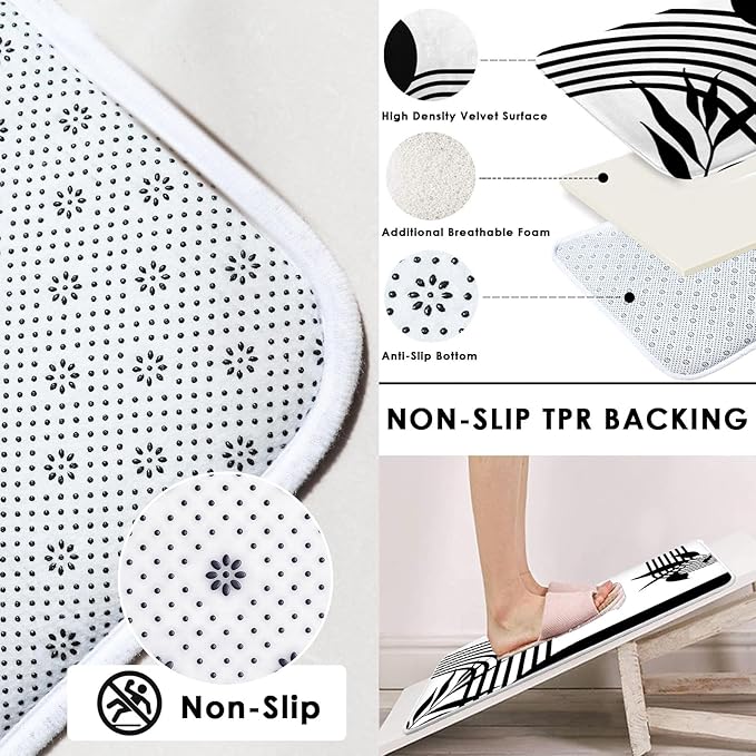 Boho Mid Century Shower Curtain Set with Toilet Lid Cover and Non-Slip Rugs, Abstract Geometric Black White 4 Pcs Modern Minimalist Vintage Shower Curtain for Bathroom Set with 12 Hooks