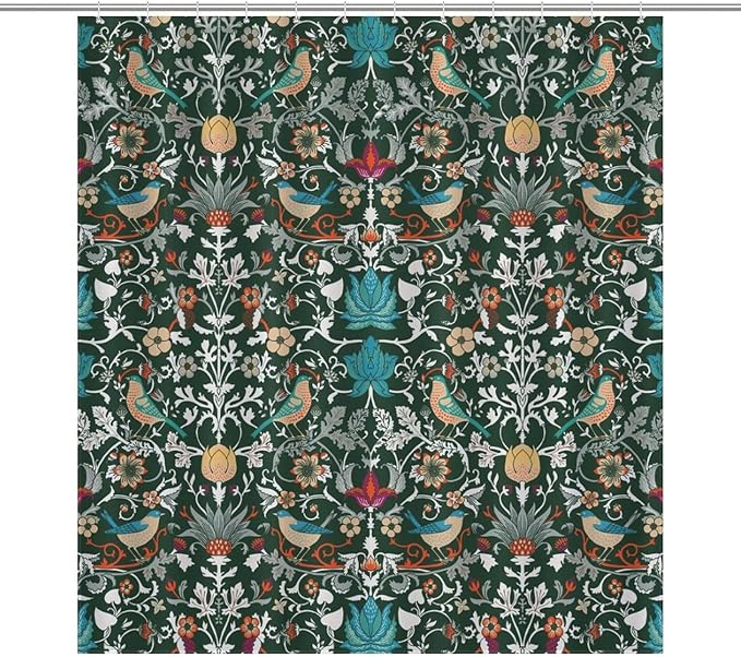 William Morris Shower Curtain,Original Design Vintage Flower Birds Strawberry Thief Pattern Print Shower Curtains Sets Polyester Waterproof Fabric Decor Bathroom Curtain 72"×72" Inch With 12 Hooks