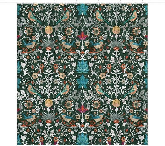 William Morris Shower Curtain,Original Design Vintage Flower Birds Strawberry Thief Pattern Print Shower Curtains Sets Polyester Waterproof Fabric Decor Bathroom Curtain 72"×72" Inch With 12 Hooks
