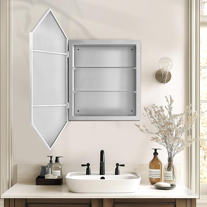SogesHome Bathroom Medicine Cabinet with Mirror, Hexagon Mirror with 3-Tier Cabinet, Stainless Steel Frame and 2 Shelves for Bathroom, Bedroom, Entryway, Silver