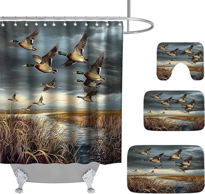 Rustic Wild Ducks Hunting FlyingBathroom Sets with Shower Curtain and 20 x 31 Rugs Bathroom Accessories Sets Decor with Bath Rug, Bath Mat, U-Shaped Contour and Hooks 72 x 72 Inch Brown and Teal