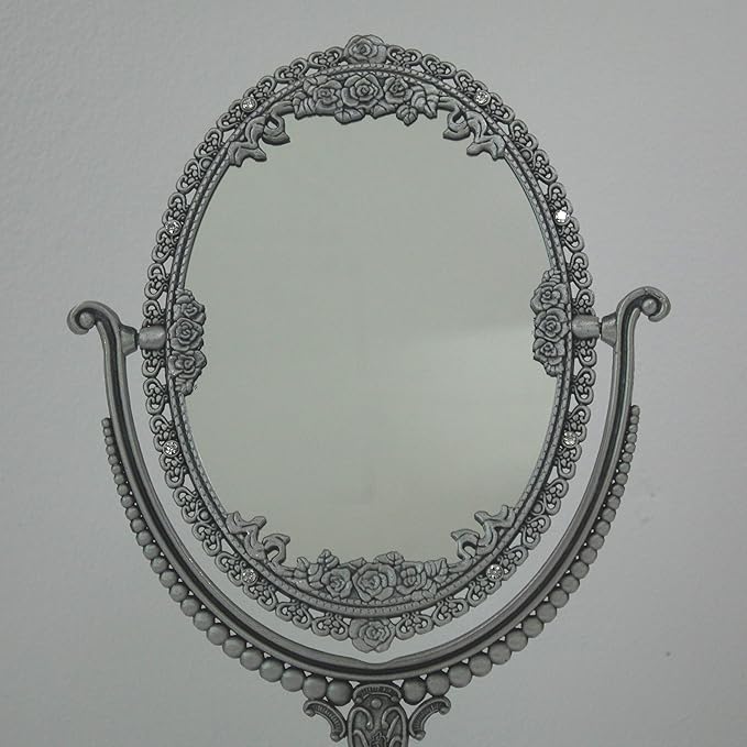SEHAMANO Vintage Oval Double Sided Embossed Roses Frame Makeup Table Mirror for Bathroom Bedroom Dressing, Antique Decorative Vanity Cosmetic Metal Stand Mirror (Large, Tin (Matt Silver))