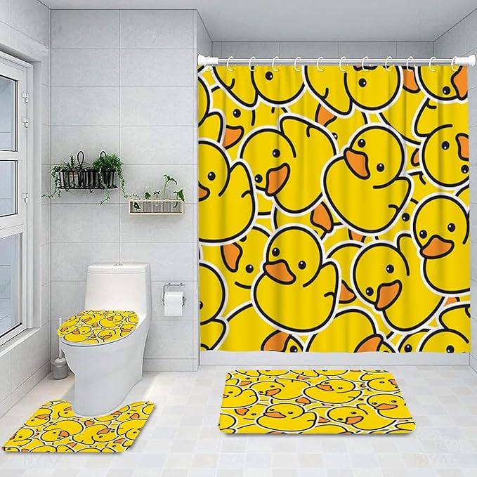 Ansouyi 4Pcs Bathroom Shower Curtain Sets with Non-Slip Rugs, Toilet Lid Cover and Bath Mat, Yellow Cartoon Duck Durable Waterproof Shower Curtain for Bathroom Set, 72x72 Inch