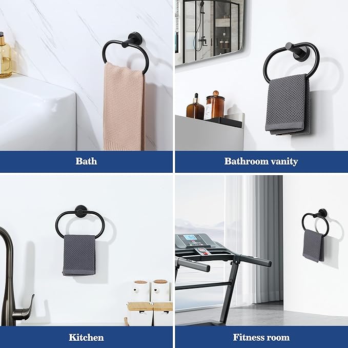 Alise Hand Towel Holder Towel Ring for Bathroom Lavatory,Towel Hanger Wall Mount SUS304 Stainless Steel Towel Rack,Black,Pack of 2