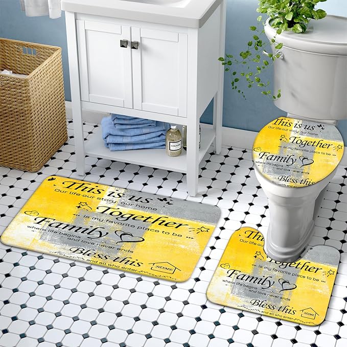 Lnond 4Pcs Bathroom Shower Curtain Sets with Rugs, Yelloe Grey Motivational Home Family Bathroom Sets with Shower Curtain and Rugs and Accessories