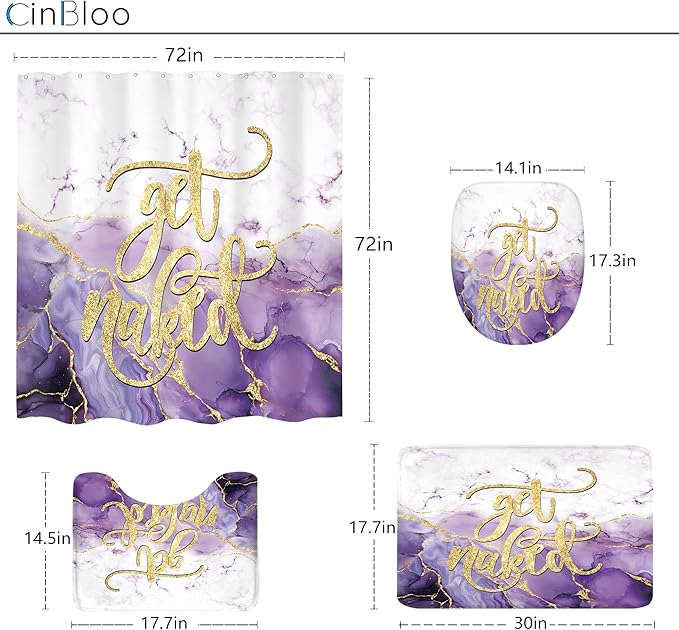 Cinbloo 4Pcs Purple Marble Shower Curtain Set, Abstract Get Naked Cracked Lines Omber Modern Simple Bathroom Curtain with Rug, Toilet Lid Cover, Bath Mat, Minimalist Shower Curtain with 12 Hooks
