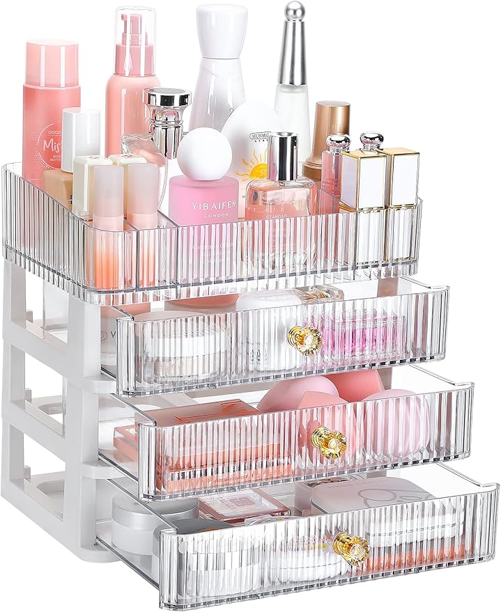 GORET Makeup Organizer for Vanity, Large Capacity Acrylic Makeup Organizers with 3 Drawers for Bathroom Countertop Cosmetics Perfume Skincare Lipstick Eyeshadow Makeup Brushes Storage Holder
