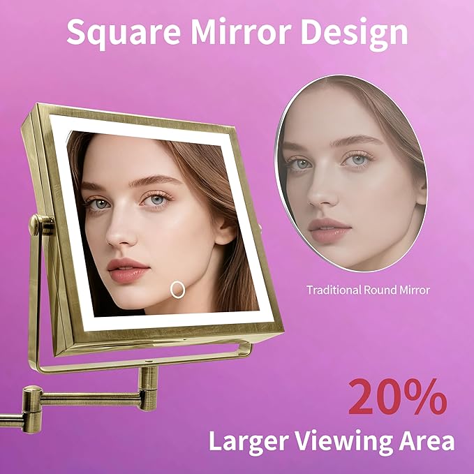 Wall Mounted Lighted Makeup Mirror, Rechargeable Double-Sided 1X/10X Magnifying Mirror with Light, Touch Dimmable 3 Color Lights, 360° Rotation Extendable Arm (Antique Brass)